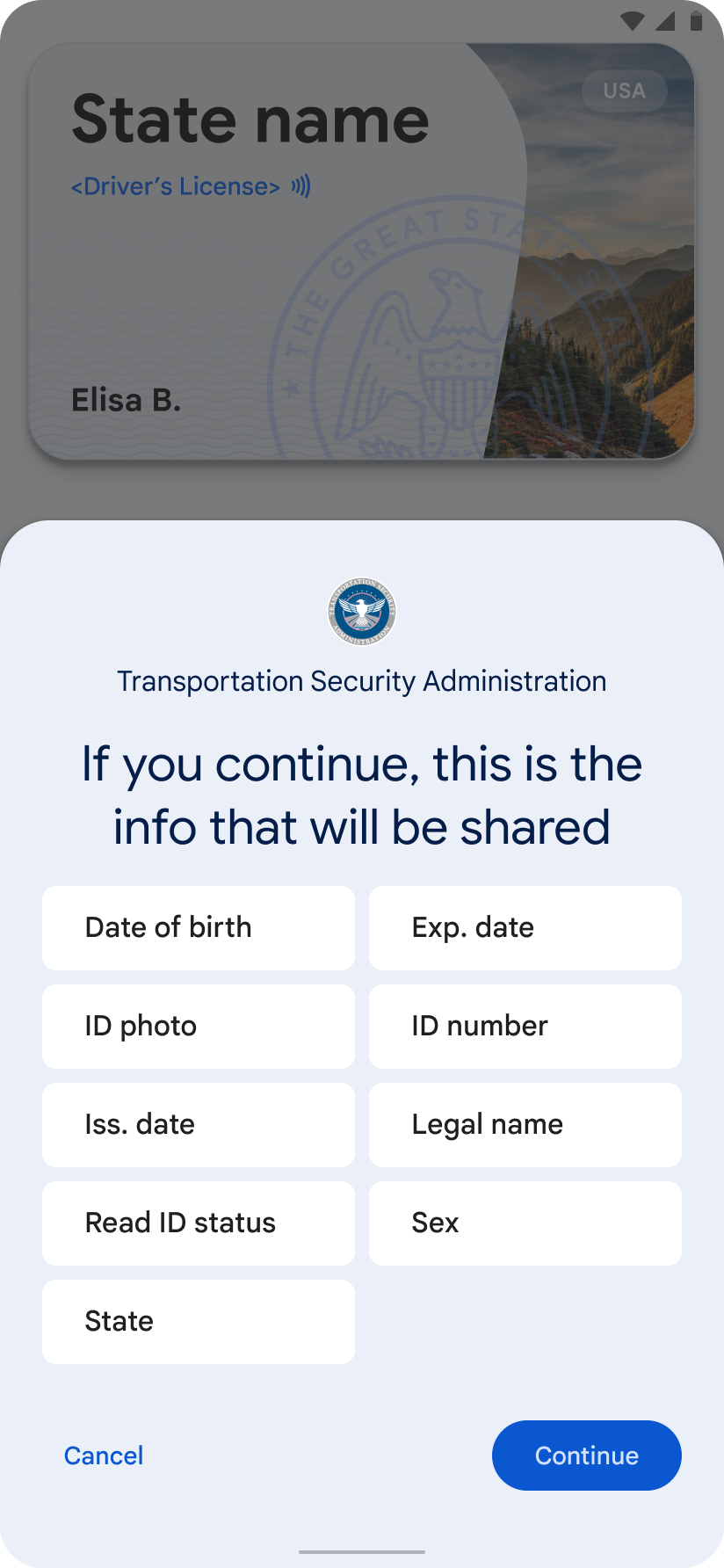 নির্ভরকারী পক্ষের নাম এবং অনুরোধ করা ডেটা ক্ষেত্রের তালিকা।