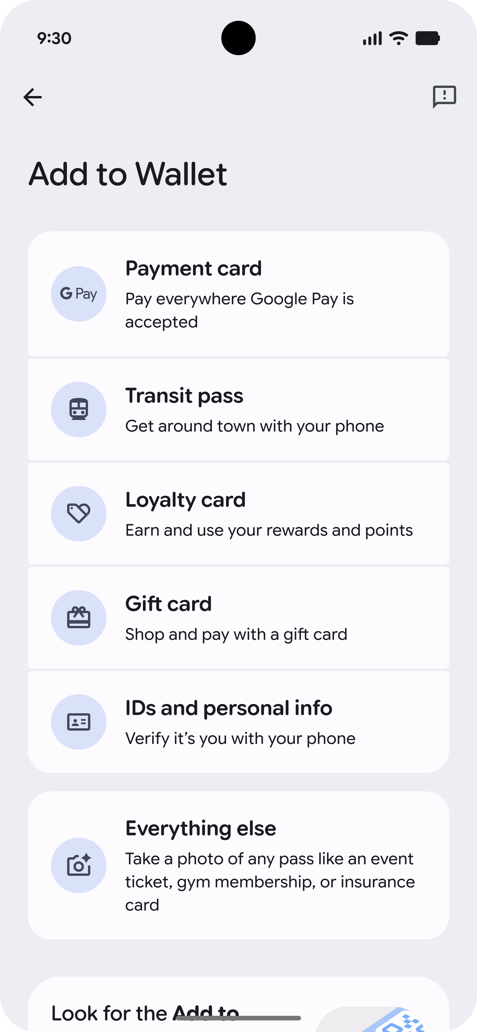 شاشة "الإضافة إلى محفظة Google" في تطبيق "محفظة Google"