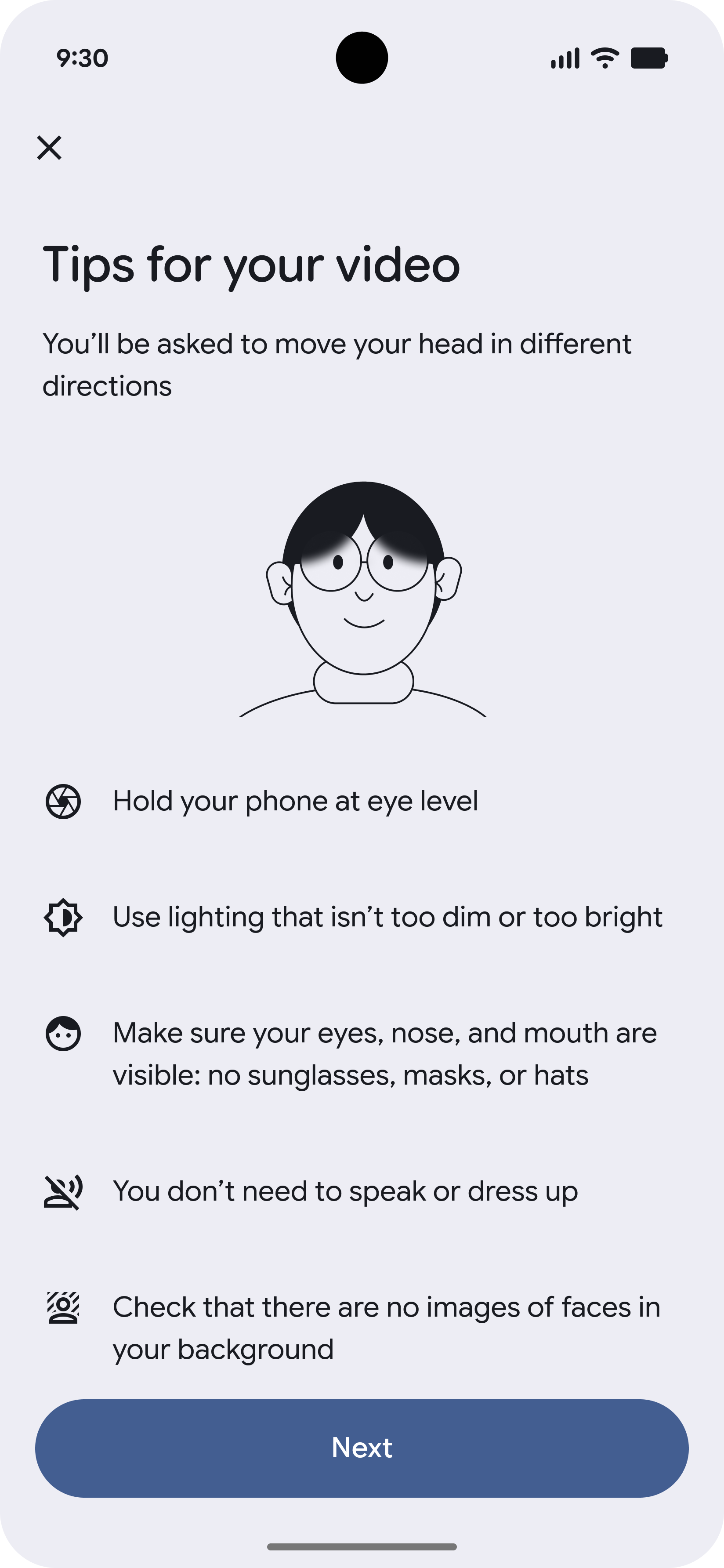 Una schermata con suggerimenti per la registrazione del video di verifica dell'identità.
