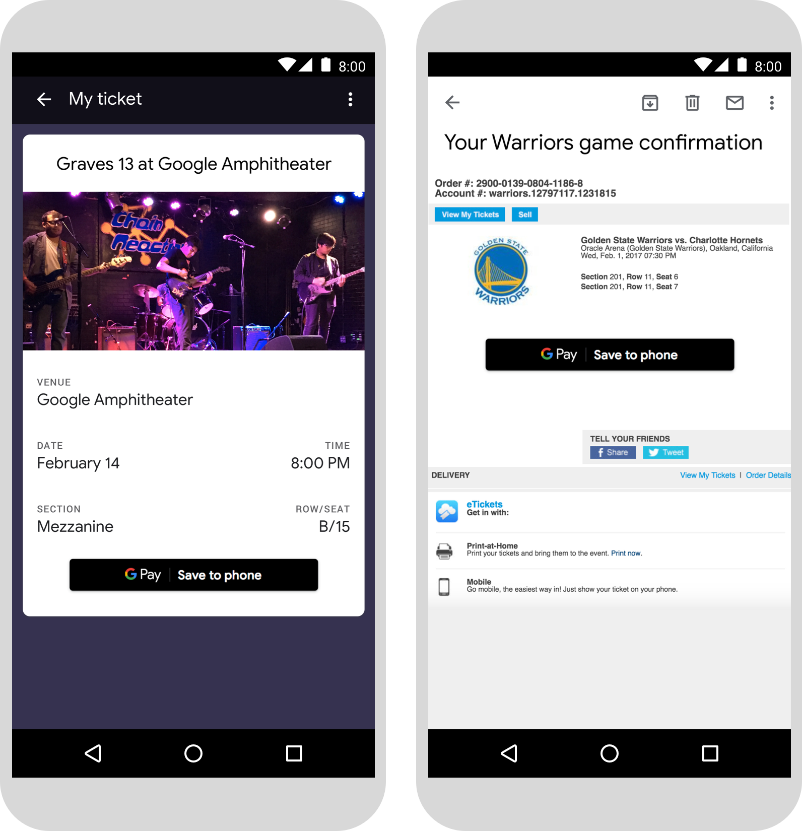 Examples of smart phone web pages with Save to Google Pay button