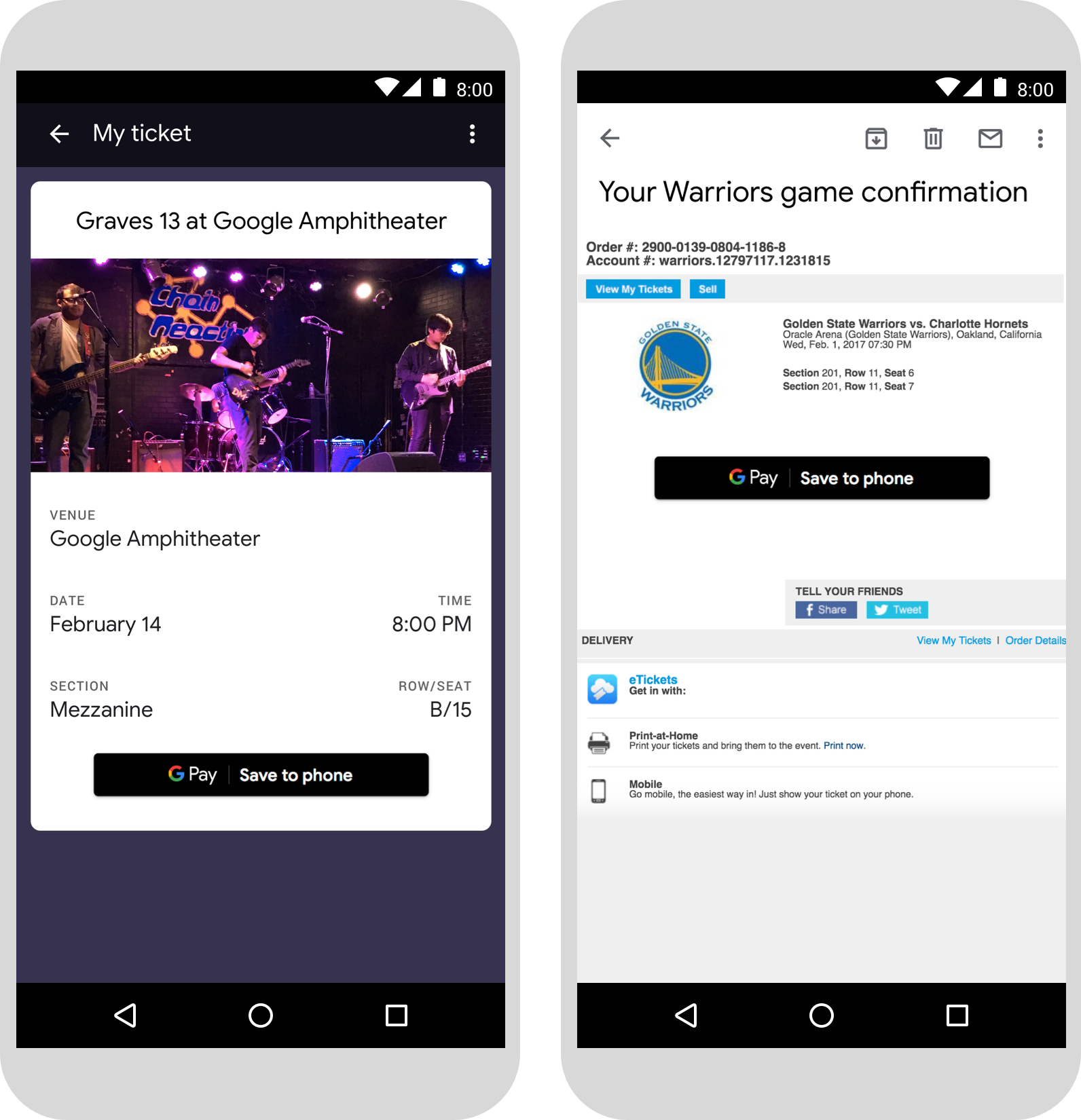 Exemplos de páginas da Web de smartphones com o botão "Salvar no Google Pay"