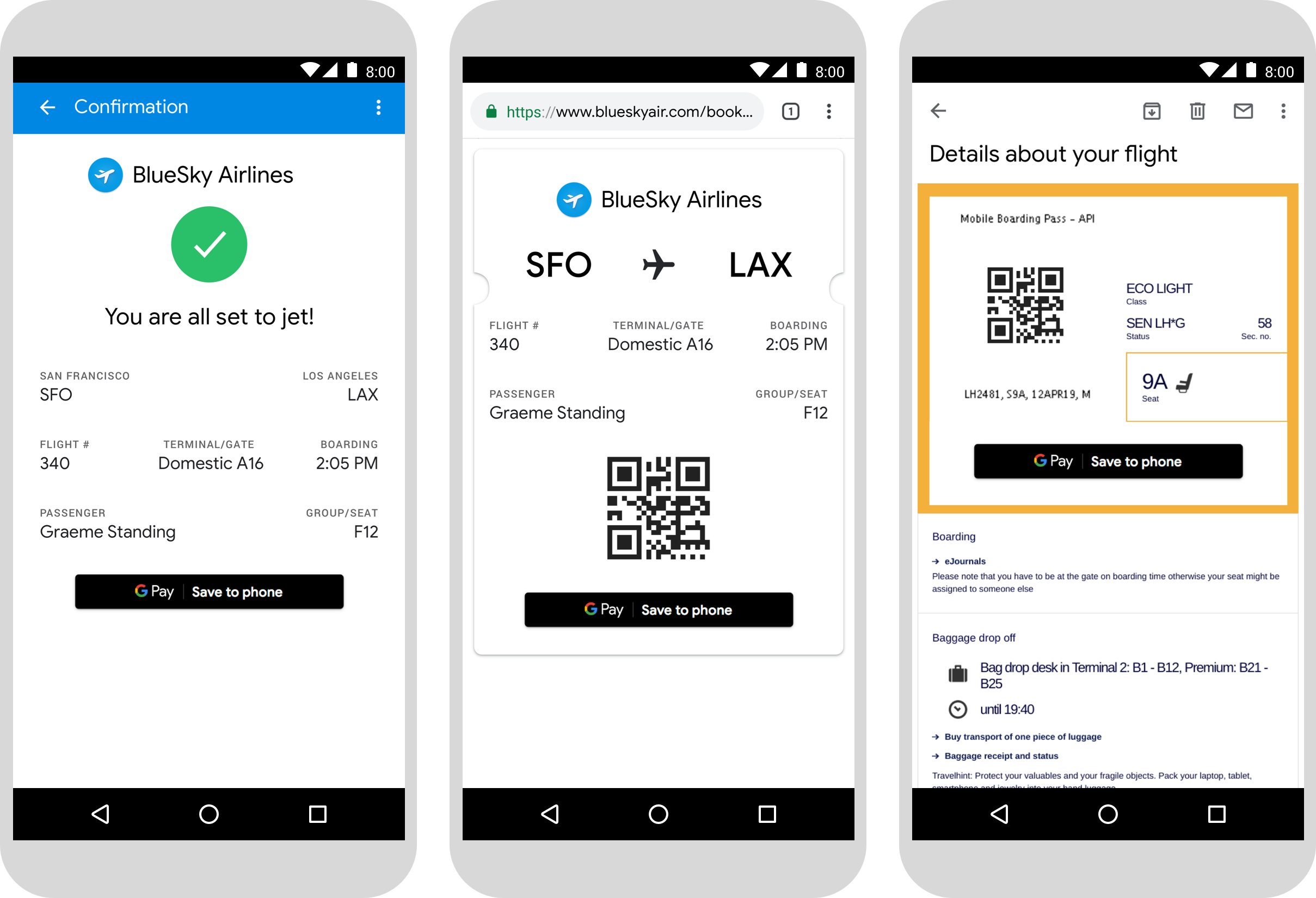 Beispiele für Smartphone-Webseiten, auf denen Bordkarten mit der Schaltfläche „In Google Pay speichern“ angezeigt werden