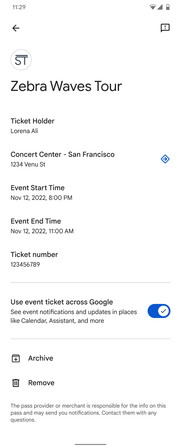 Detailansicht von Google Wallet-Karten/Tickets
