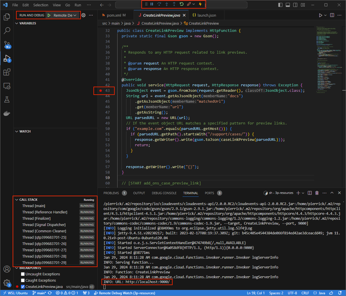 Ứng dụng đang chạy và lắng nghe các yêu cầu HTTP trên cổng 9000.