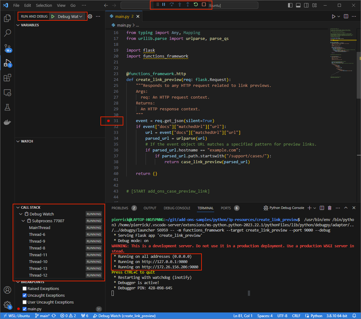 The application is running and listening for HTTP requests on port 9000.