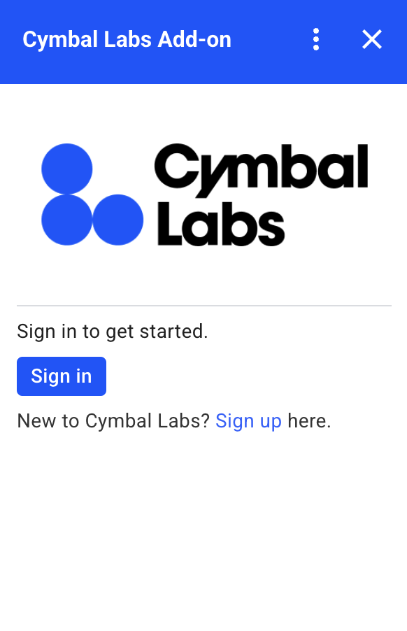 Um cartão de autorização personalizado para a Cymbal Labs que inclui o logotipo da
  empresa, uma descrição e um botão de login.