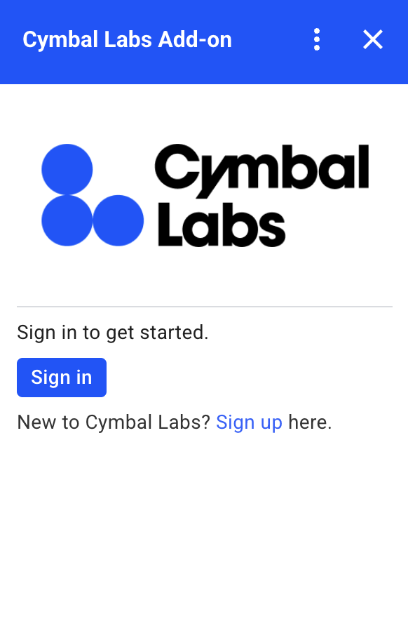 Специальная авторизационная карта для Cymbal Labs, которая включает в себя   логотип, описание и кнопка входа.