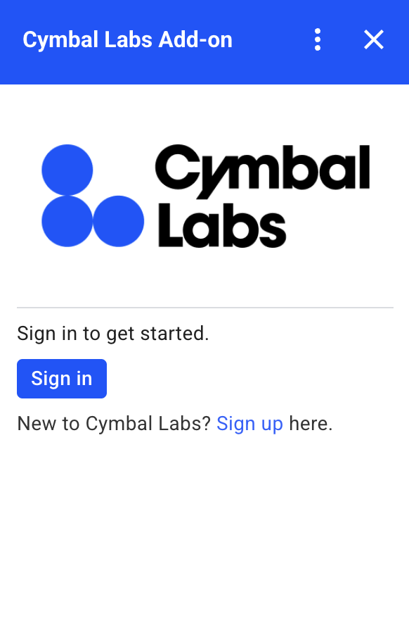 یک کارت مجوز سفارشی برای Cymbal Labs که شامل لوگوی شرکت، توضیحات و دکمه ورود به سیستم است.