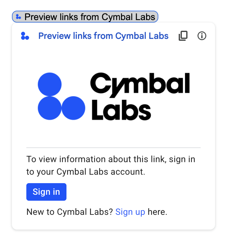 Um card de autorização personalizado de uma visualização de link que inclui o logotipo da
  empresa, uma descrição e um botão de login.