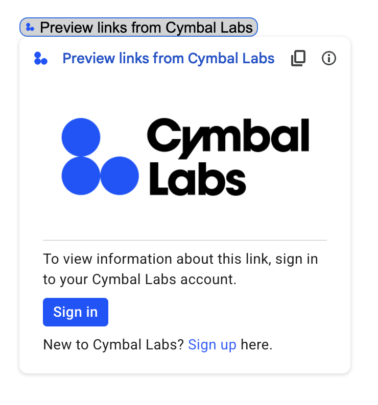 Una tarjeta de autorización personalizada de una vista previa del vínculo que incluye el logotipo de la empresa, una descripción y un botón de acceso.