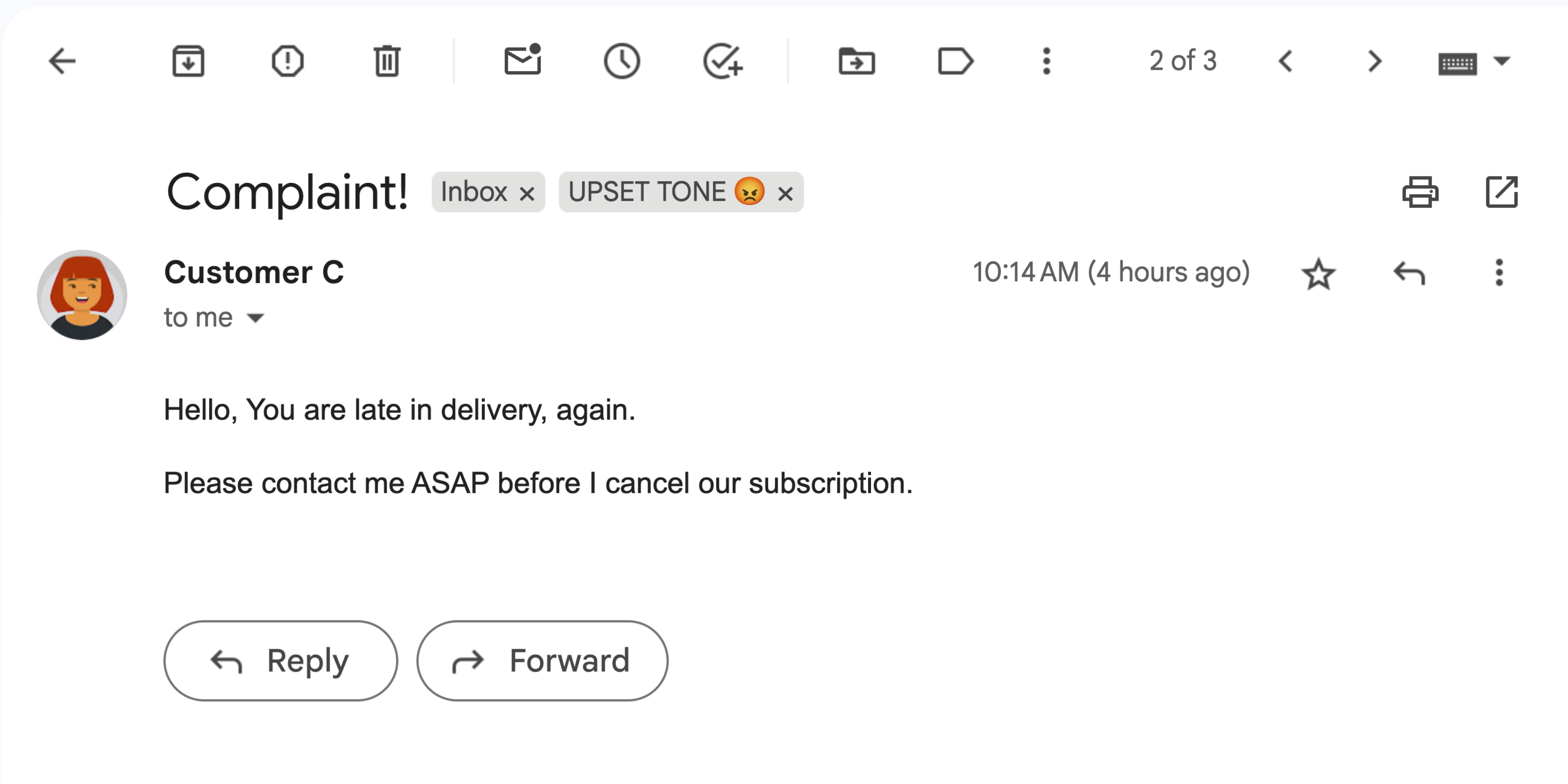 不満の感情を含む Gmail メッセージ。