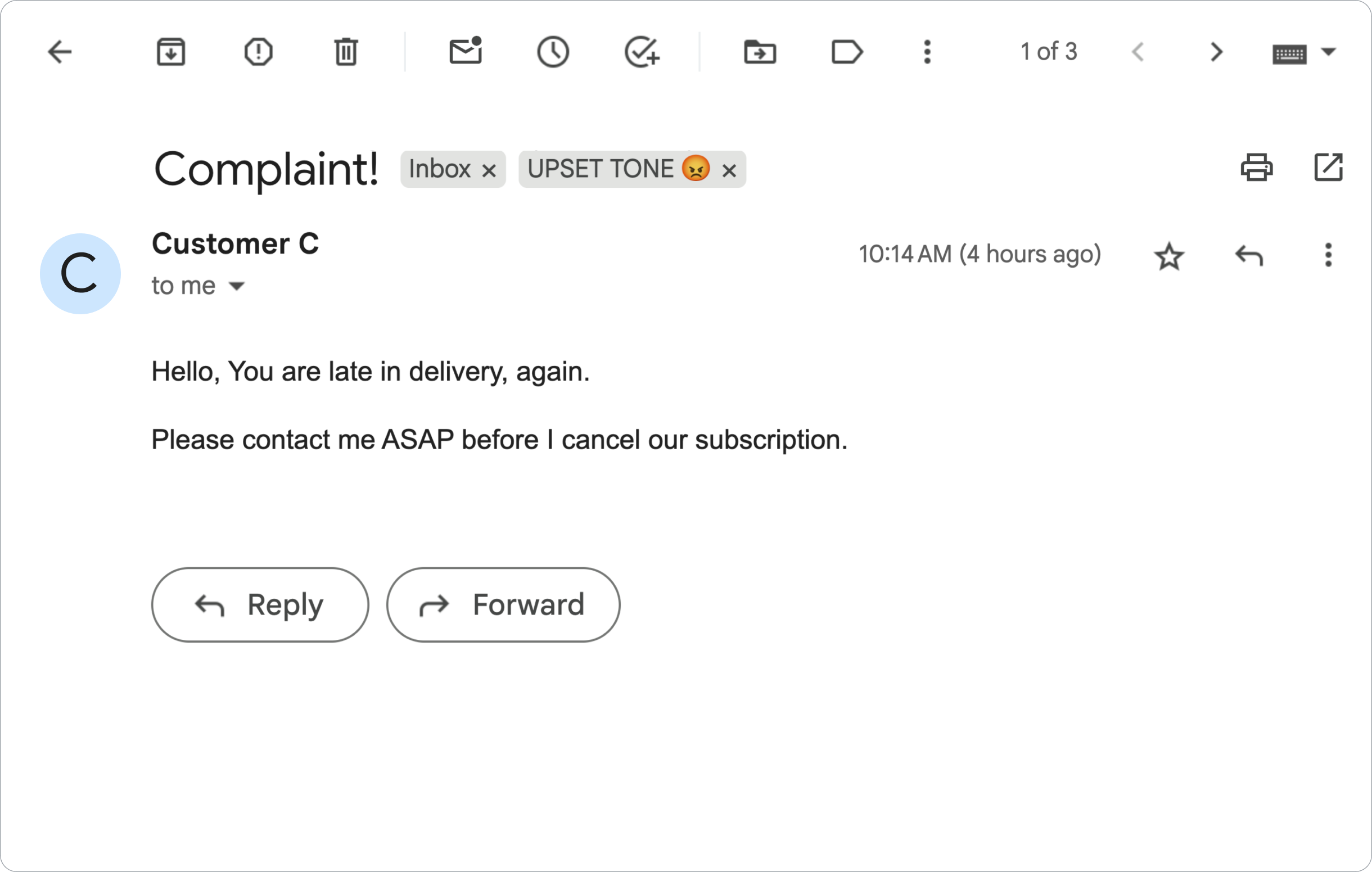  Gmail message with upset sentiment.