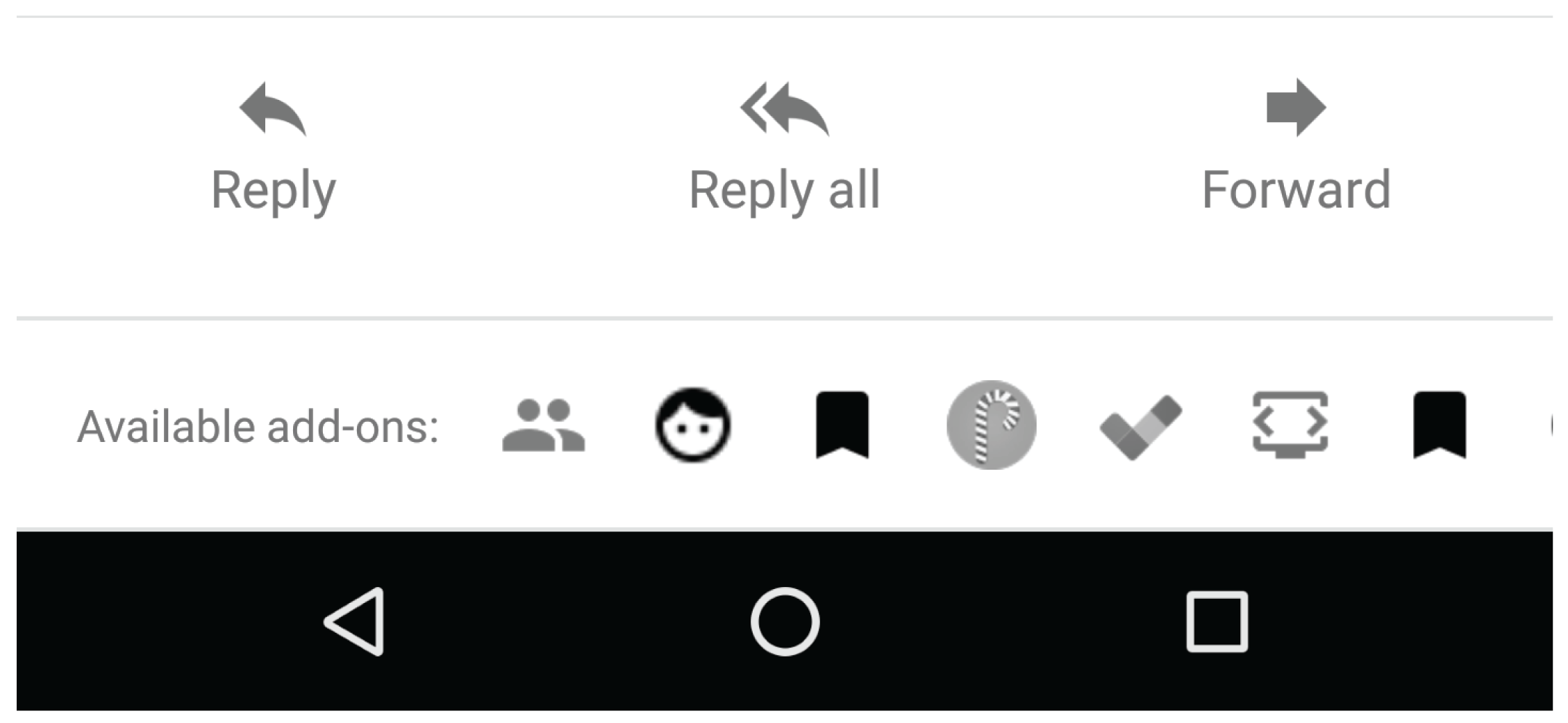 Icons for installed add-ons appear at the bottom of a Gmail message on mobile.