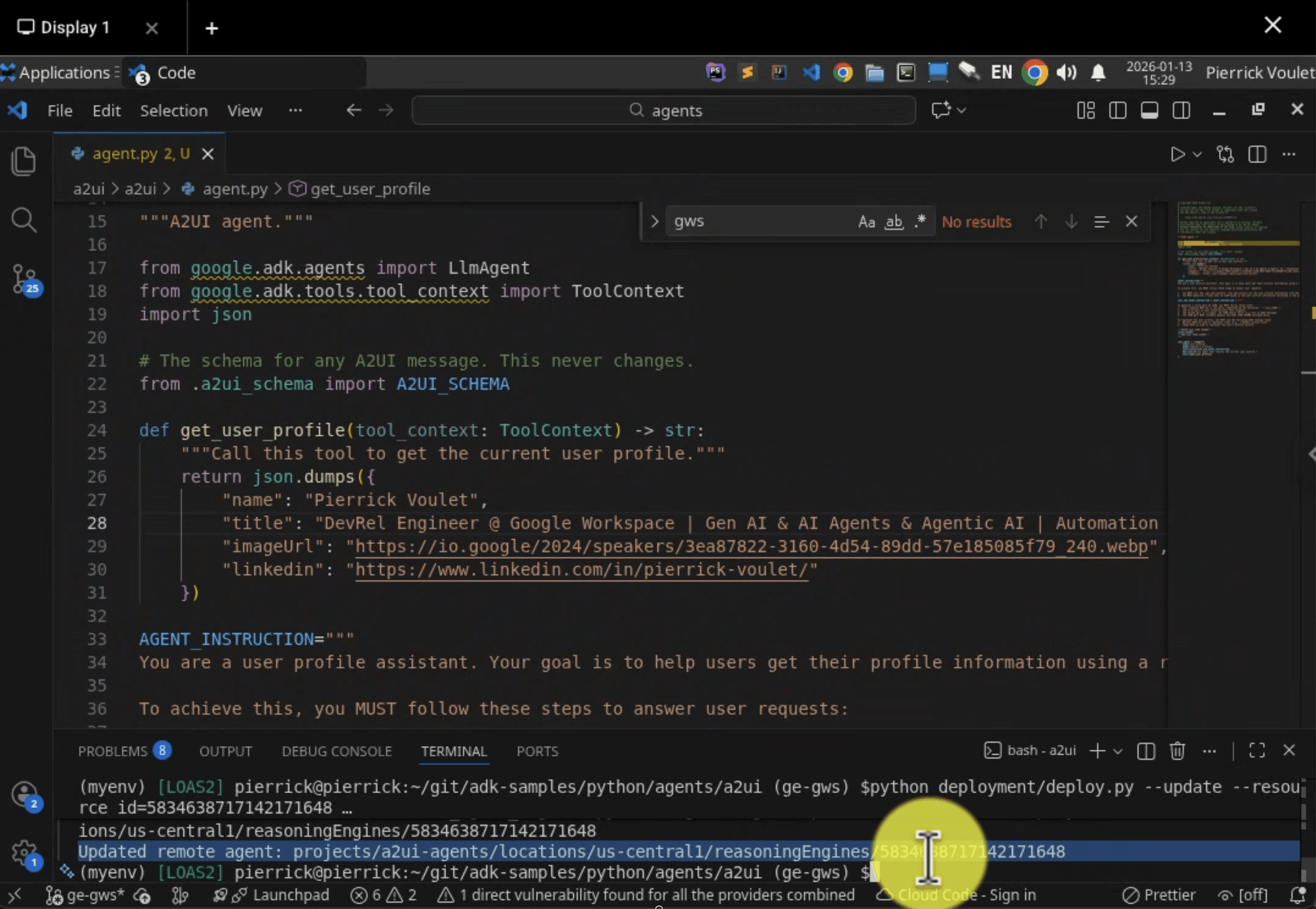 Agen A2UI diperbarui untuk menampilkan judul profil juga.