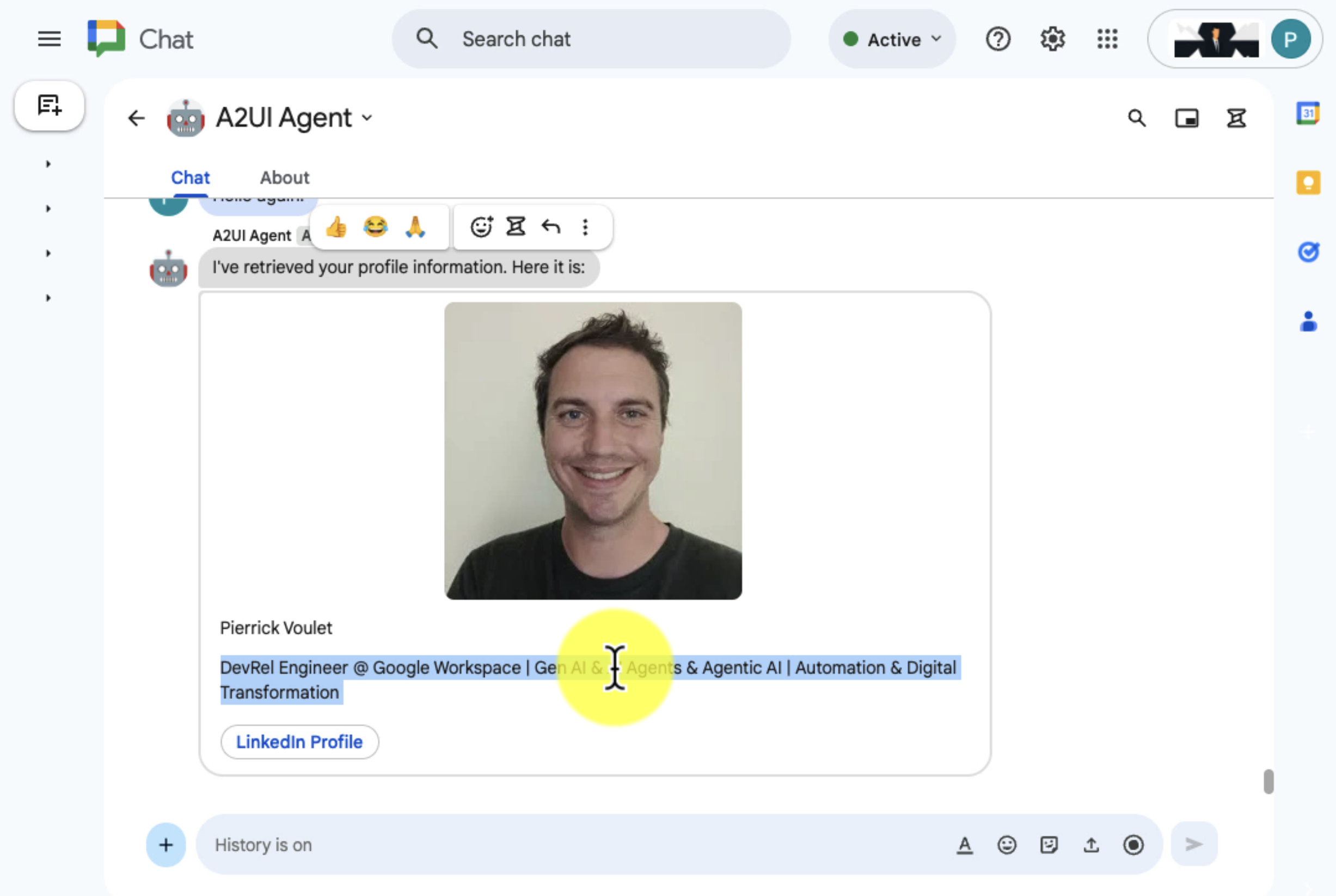 The A2UI agent responds to the user with a message that displays the profile name in the card.