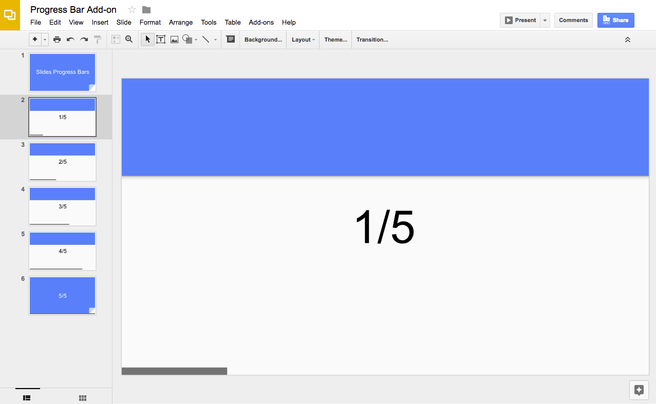 Презентация Google Slides с индикатором выполнения внизу.