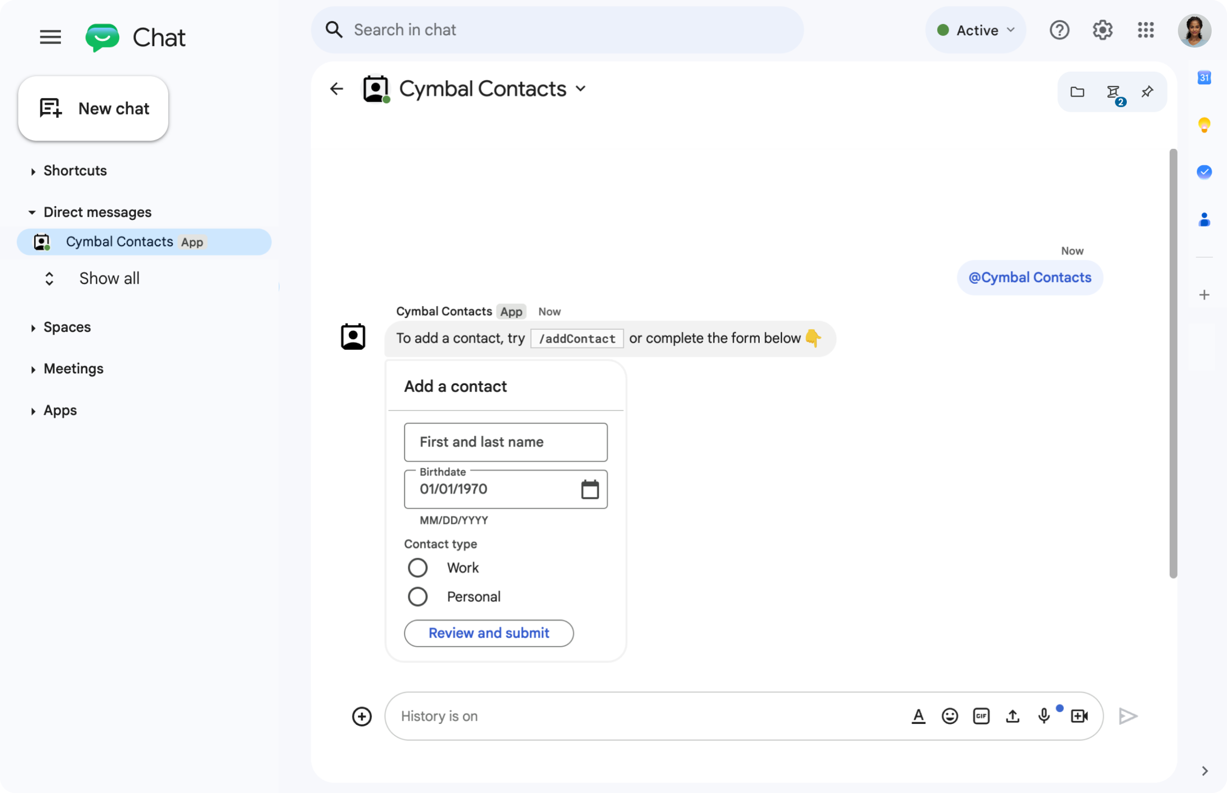 Wiadomość na karcie z widżetami wprowadzania danych w formularzu.