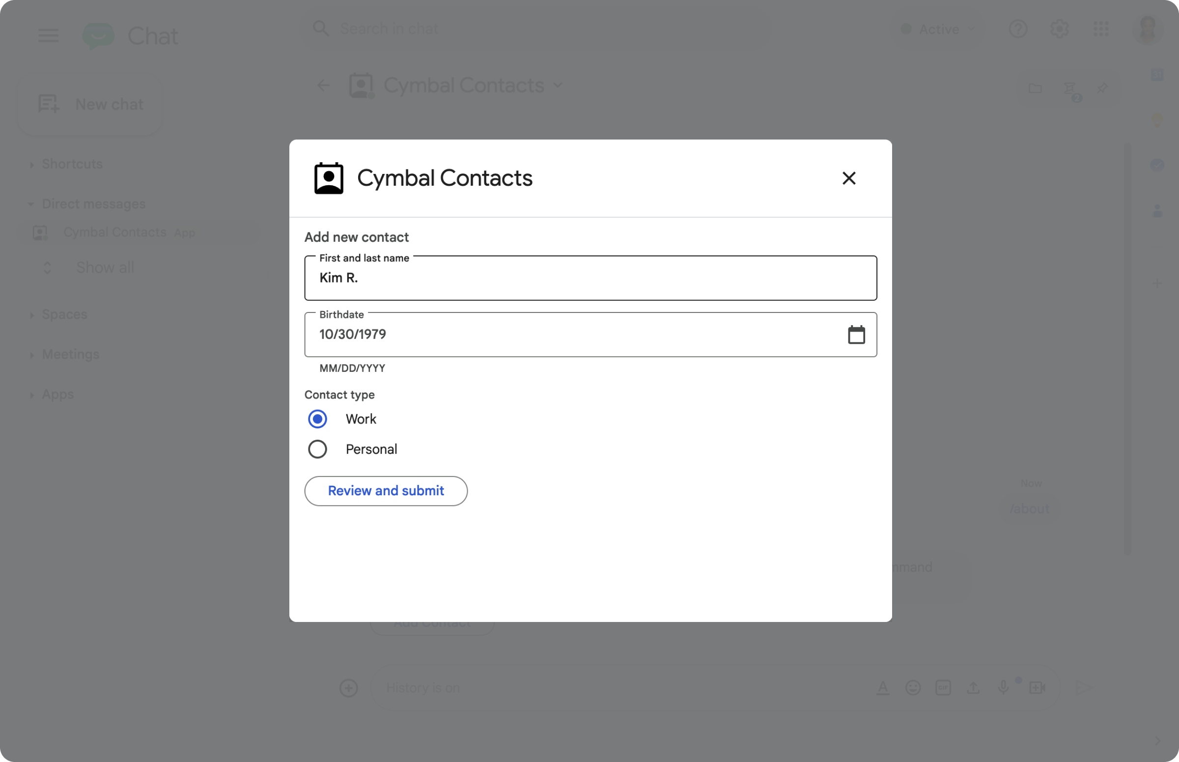 对话框中的联系表单。