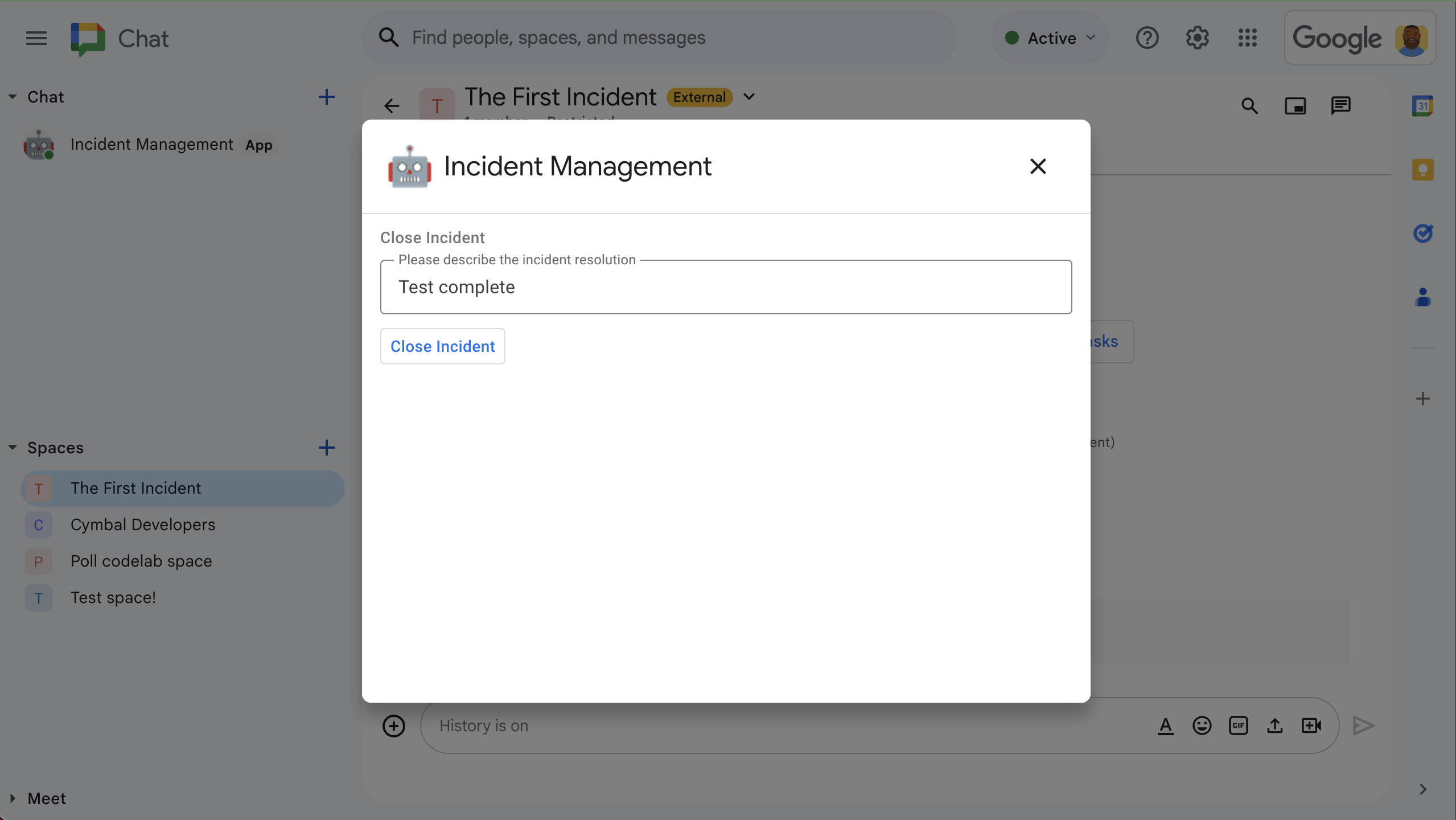 Boîte de dialogue de résolution de l'incident.