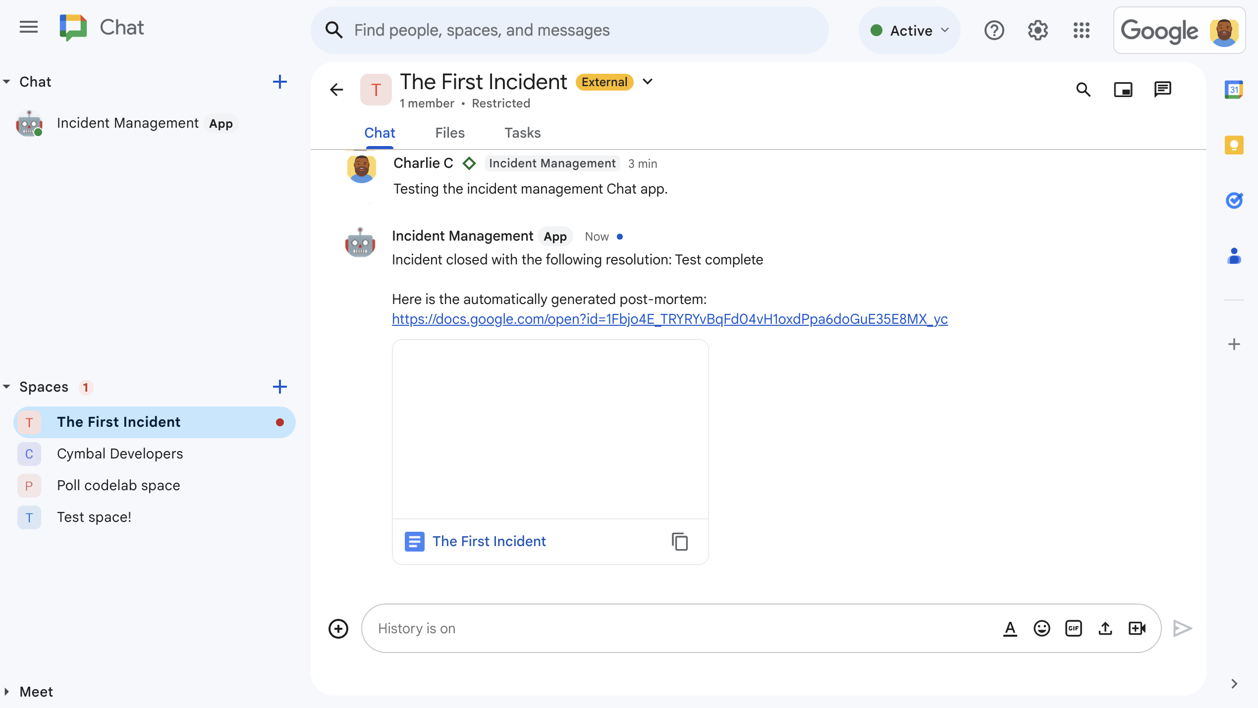 Incident resolution Google Docs document shared in space.