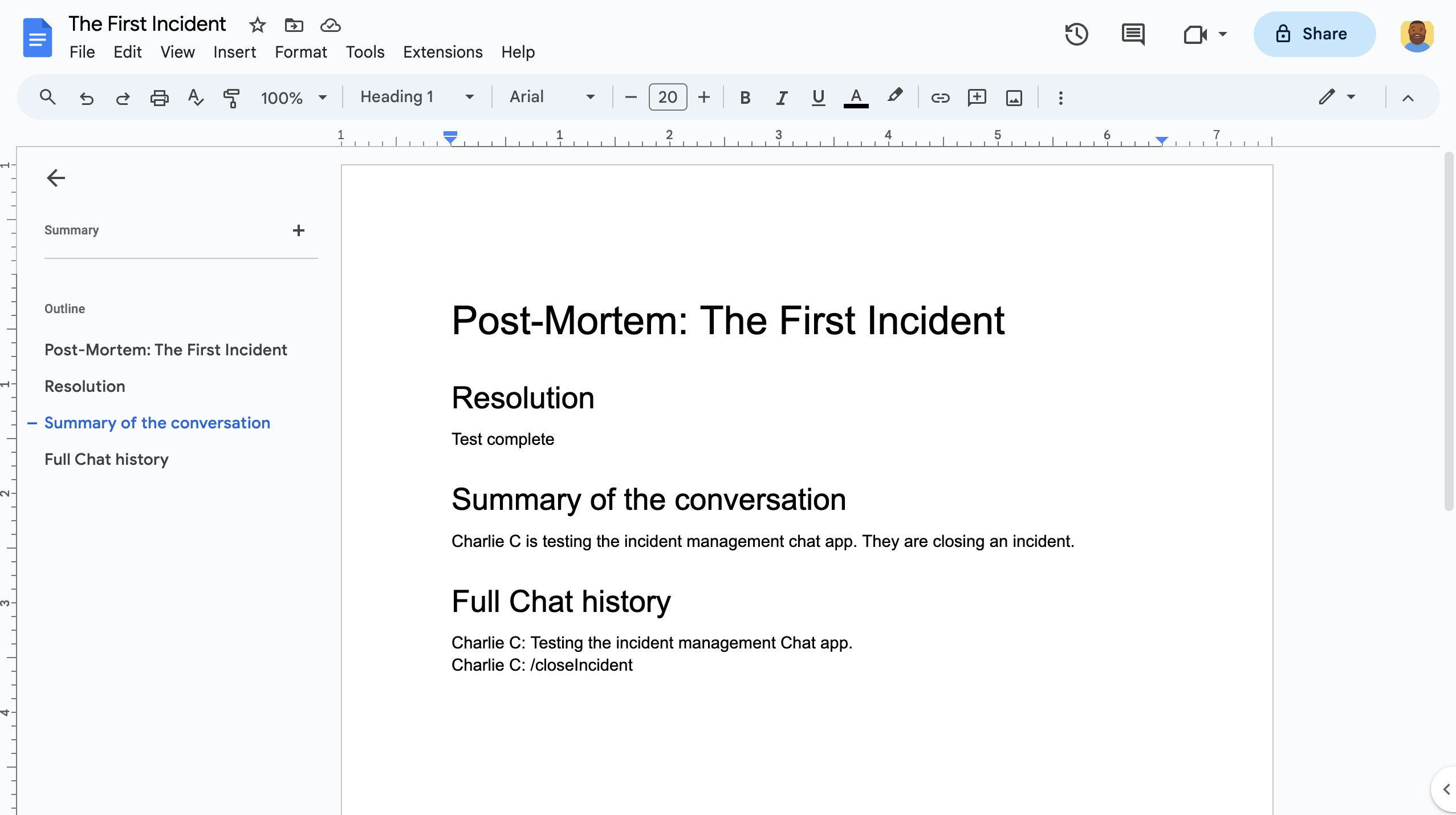 O documento do Google Docs de resolução de incidentes com resumo de IA.