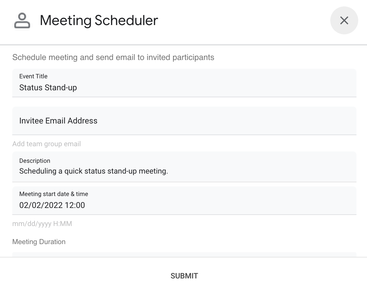 Interfaz de diálogo de la app de Chat de Meeting Scheduler