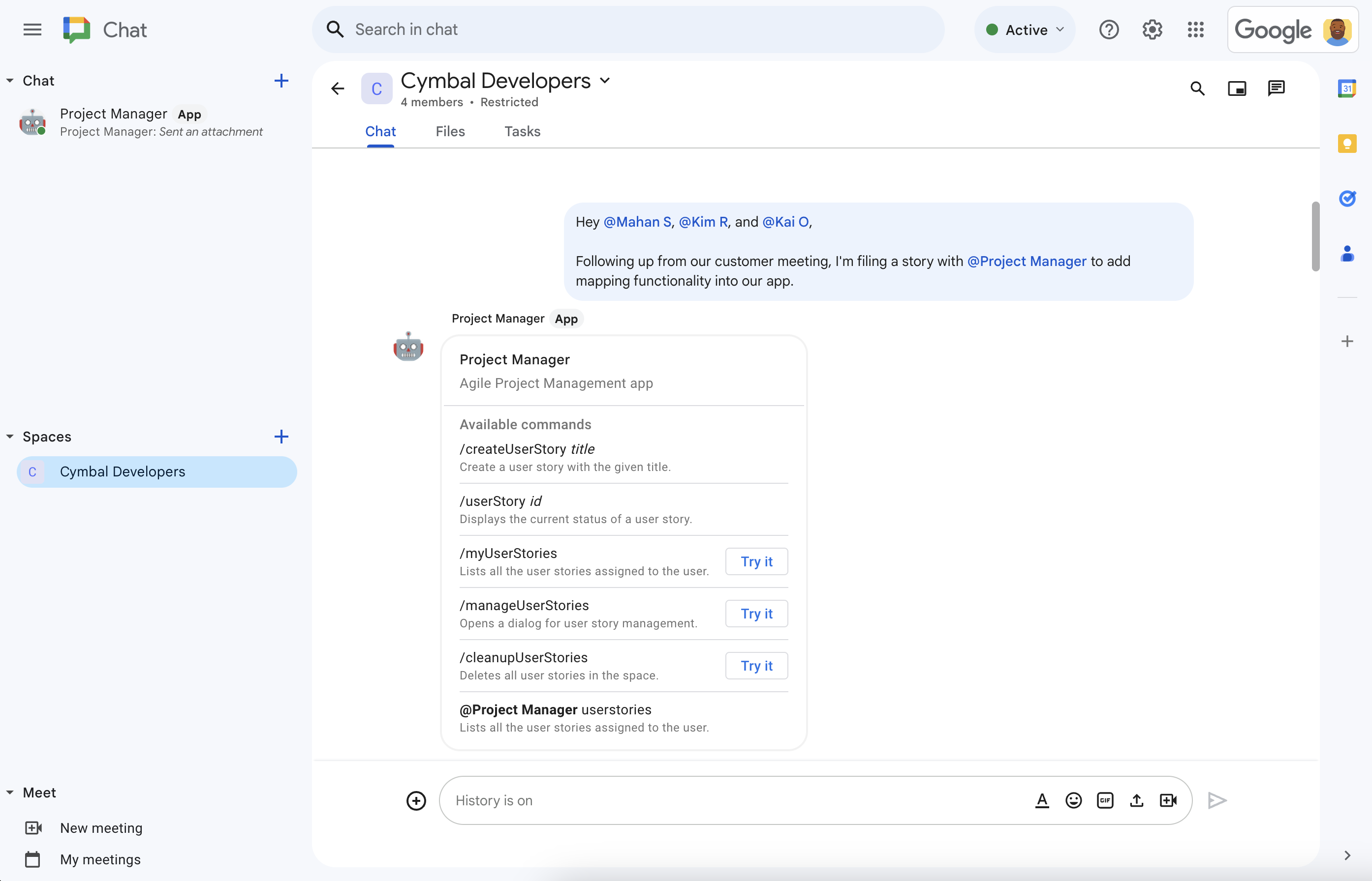 Mencionar o app de gestão de projetos faz com que ele ofereça ajuda.