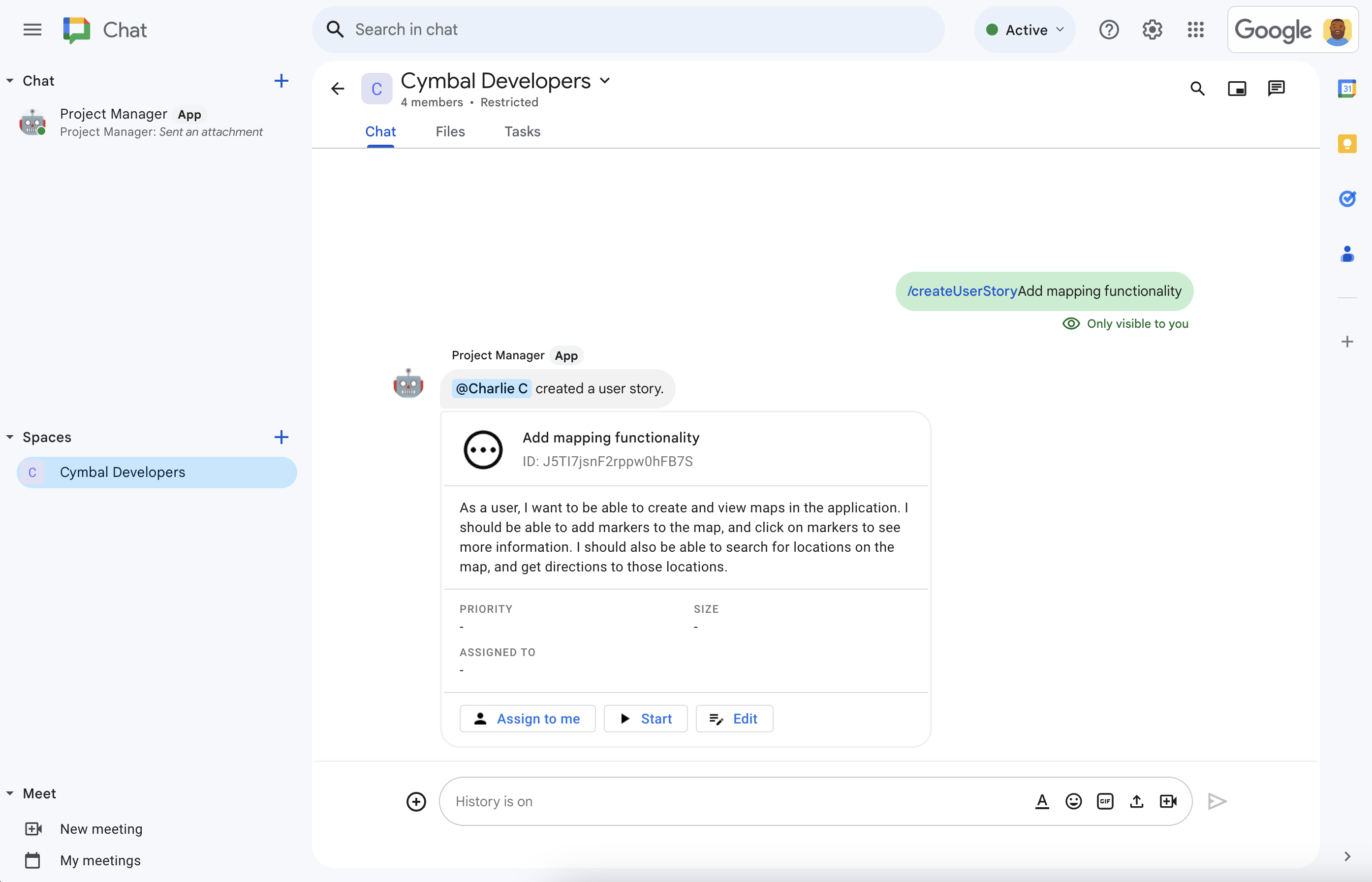 Aplikasi Chat manajemen project menggunakan Vertex AI untuk menulis deskripsi cerita.