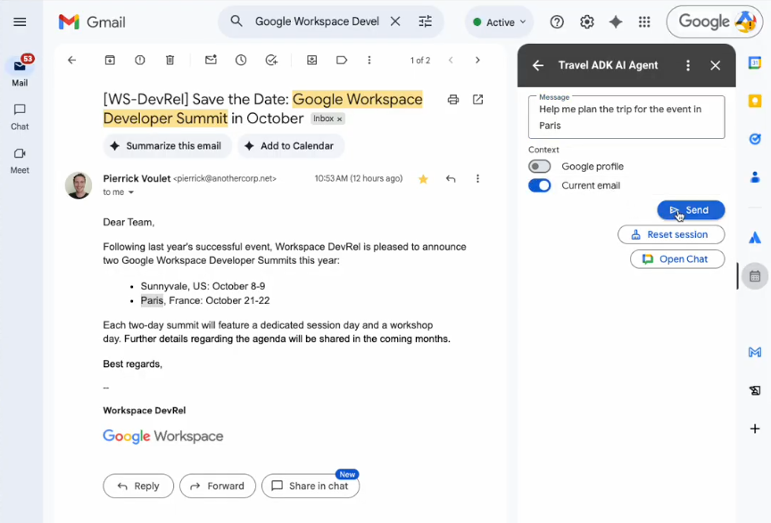 使用 Gmail 中的 AI 智能体根据所选电子邮件中的相关信息规划行程。