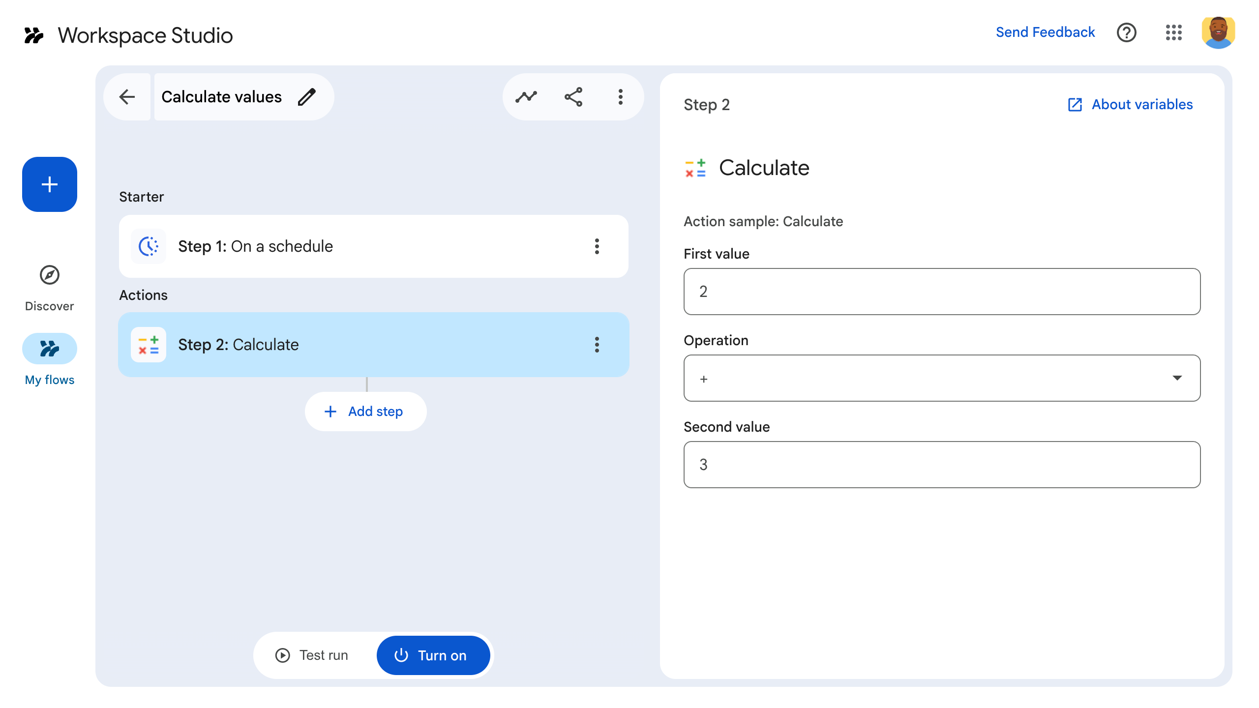 Um usuário configura a etapa da calculadora como parte de um fluxo.