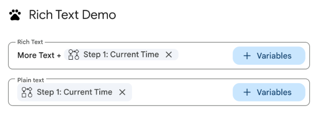 Widget input teks yang dikonfigurasi sebagai RICH_TEXT dan PLAIN_TEXT
