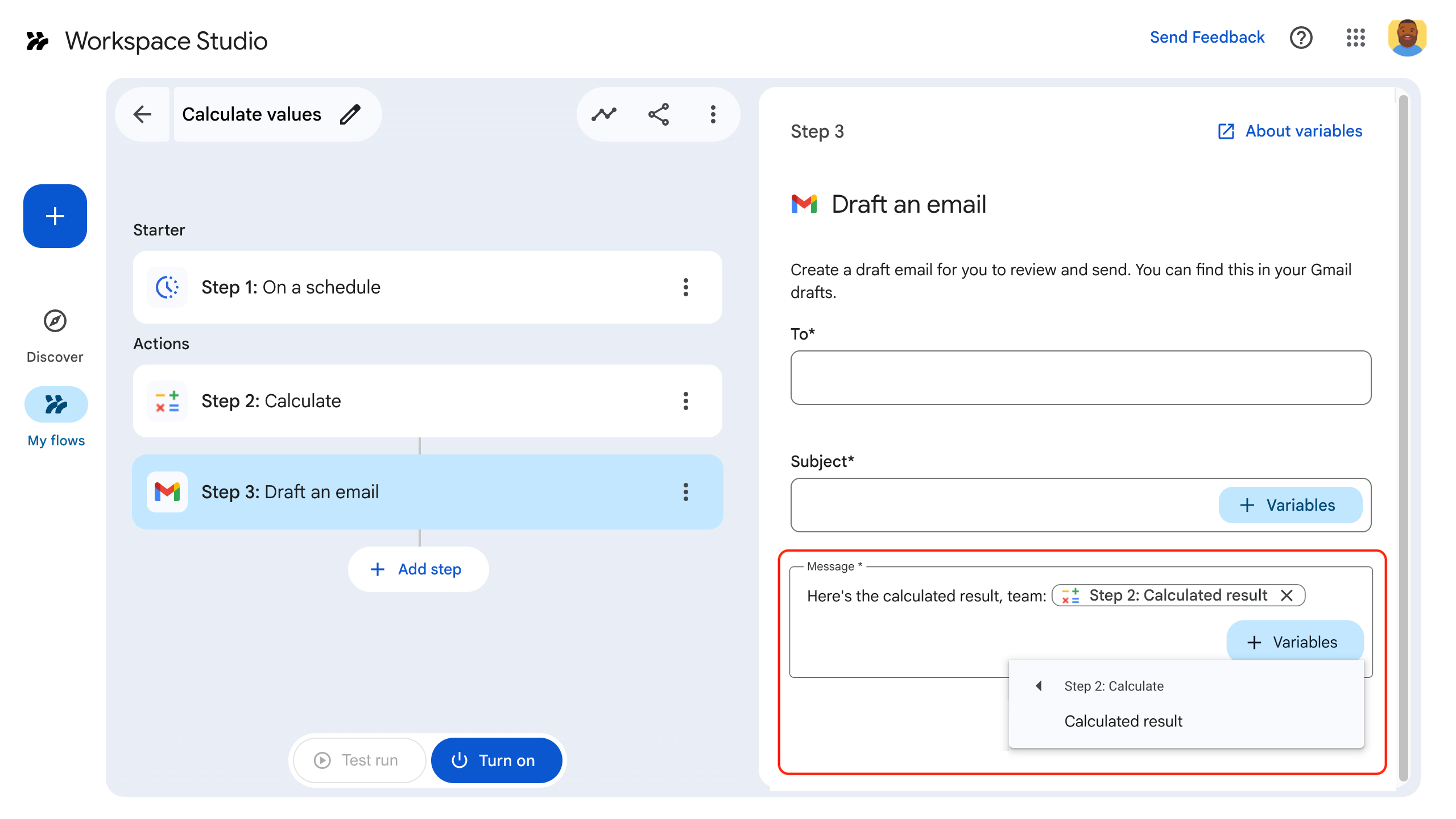 Il menu delle variabili consente agli utenti di selezionare le variabili di output dai passaggi precedenti.