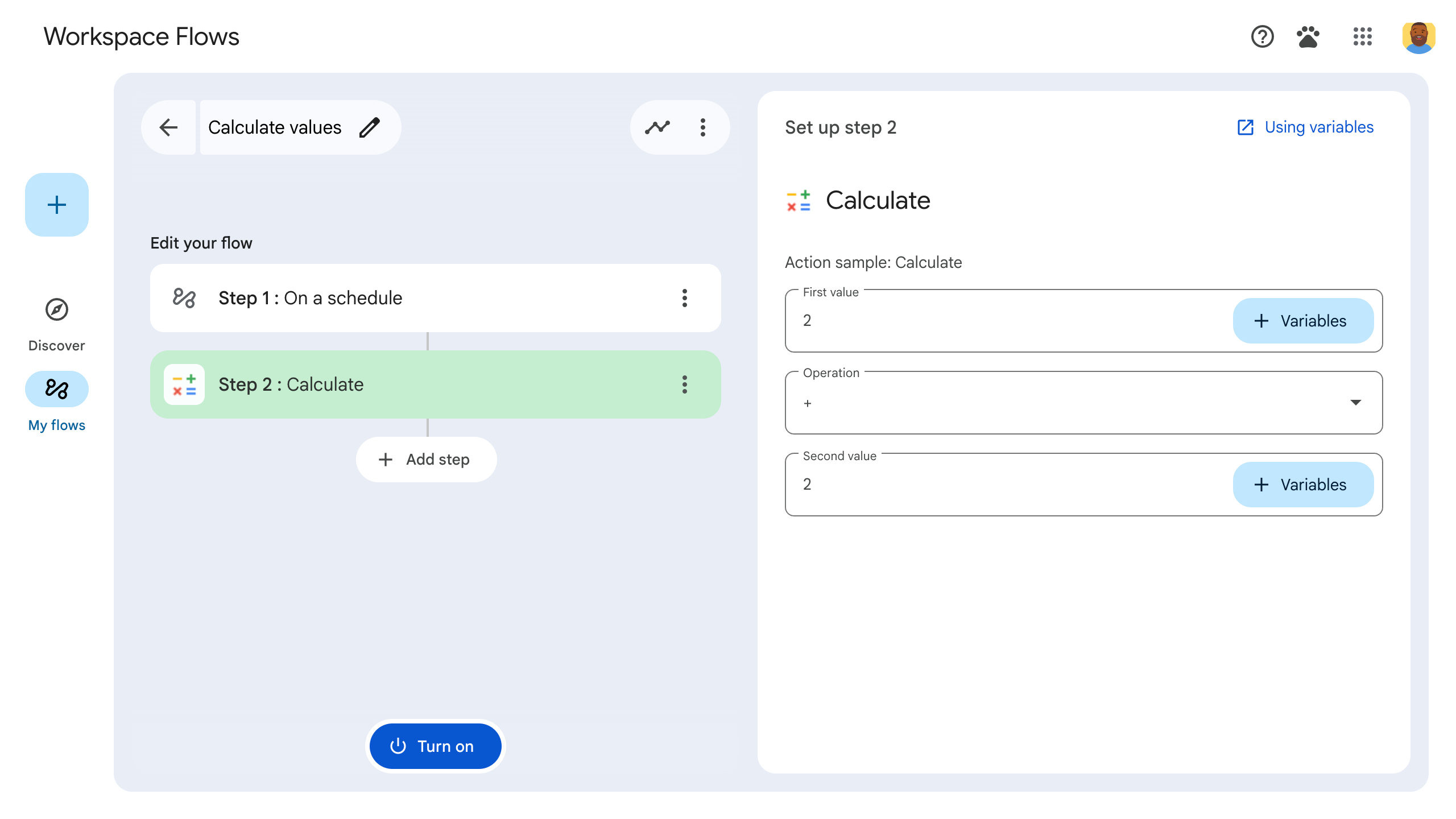 A user configures the calculator step as part of a flow.
