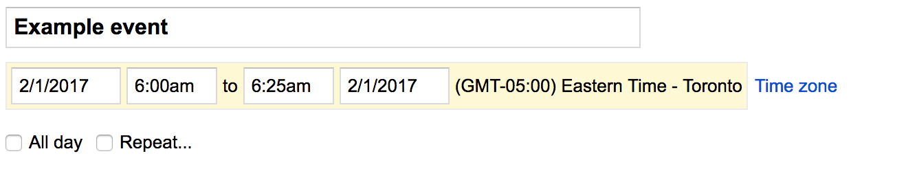 Fragment de capture d'écran montrant le fuseau horaire d'un événement