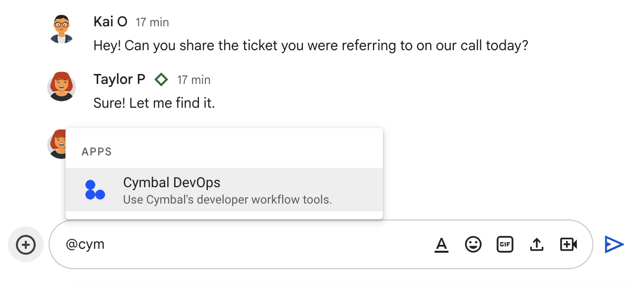 Добавление приложения чата в пространство путем ввода @ в сообщении.