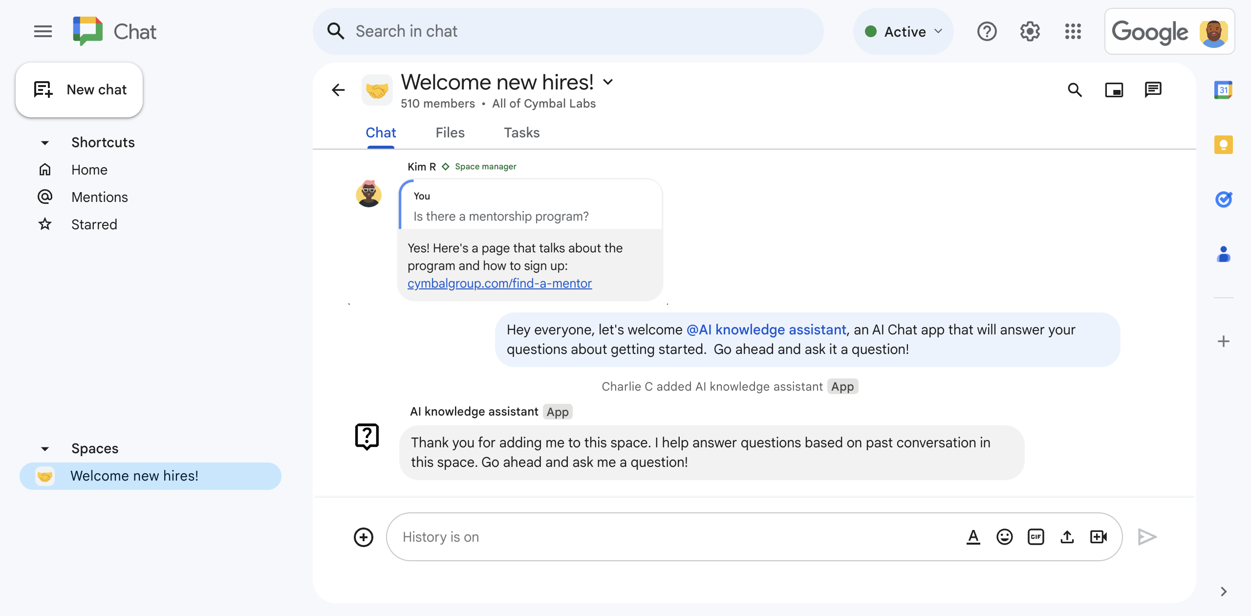 Mentionner l&#39;application d&#39;assistant IA de connaissances l&#39;ajoute à un espace.