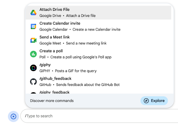 کاربر منویی از دستورات اسلش و دستورات سریع را کشف می کند.