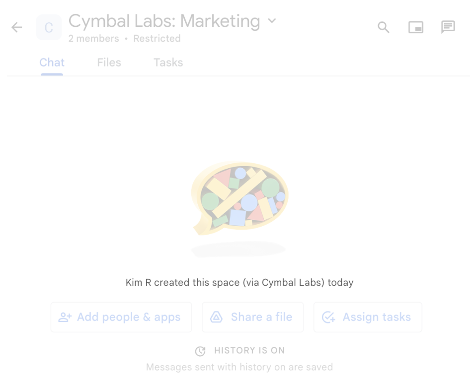 Google Chat ऐप्लिकेशन, उपयोगकर्ता के लिए एक स्पेस बनाता है.