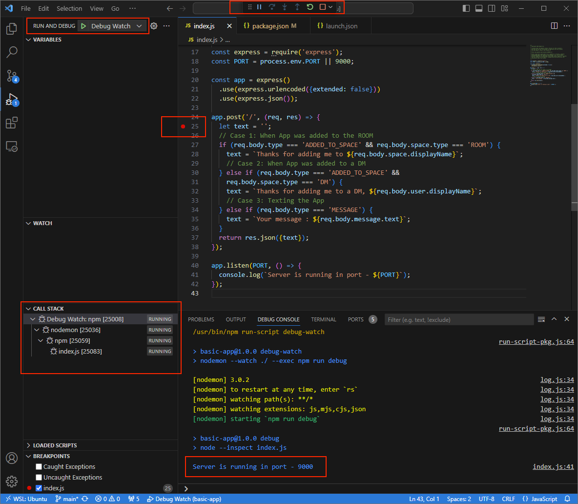 Ứng dụng đang chạy và chờ yêu cầu HTTP trên cổng "9000"
