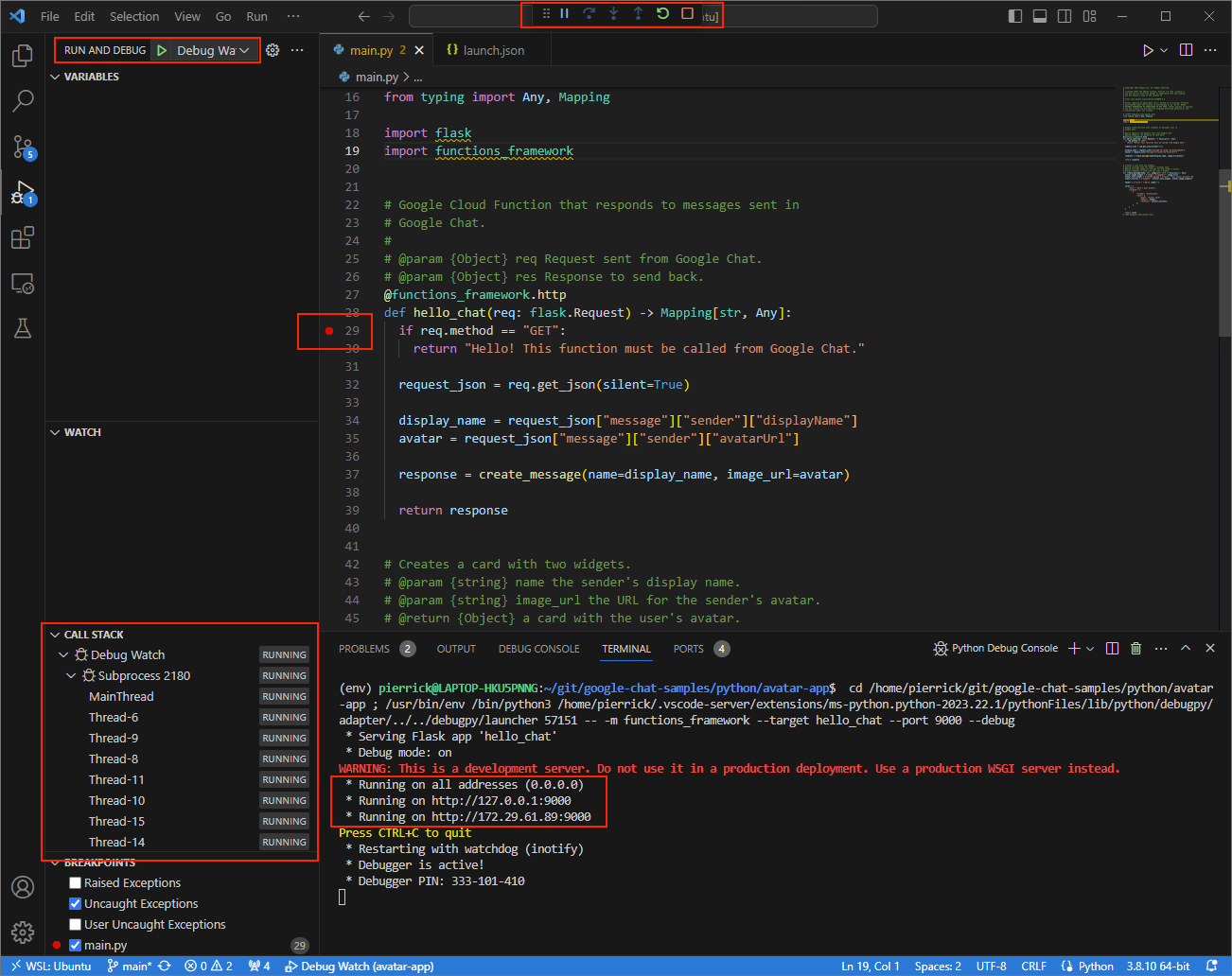 O aplicativo está em execução e detectando solicitações HTTP na porta `9000`.