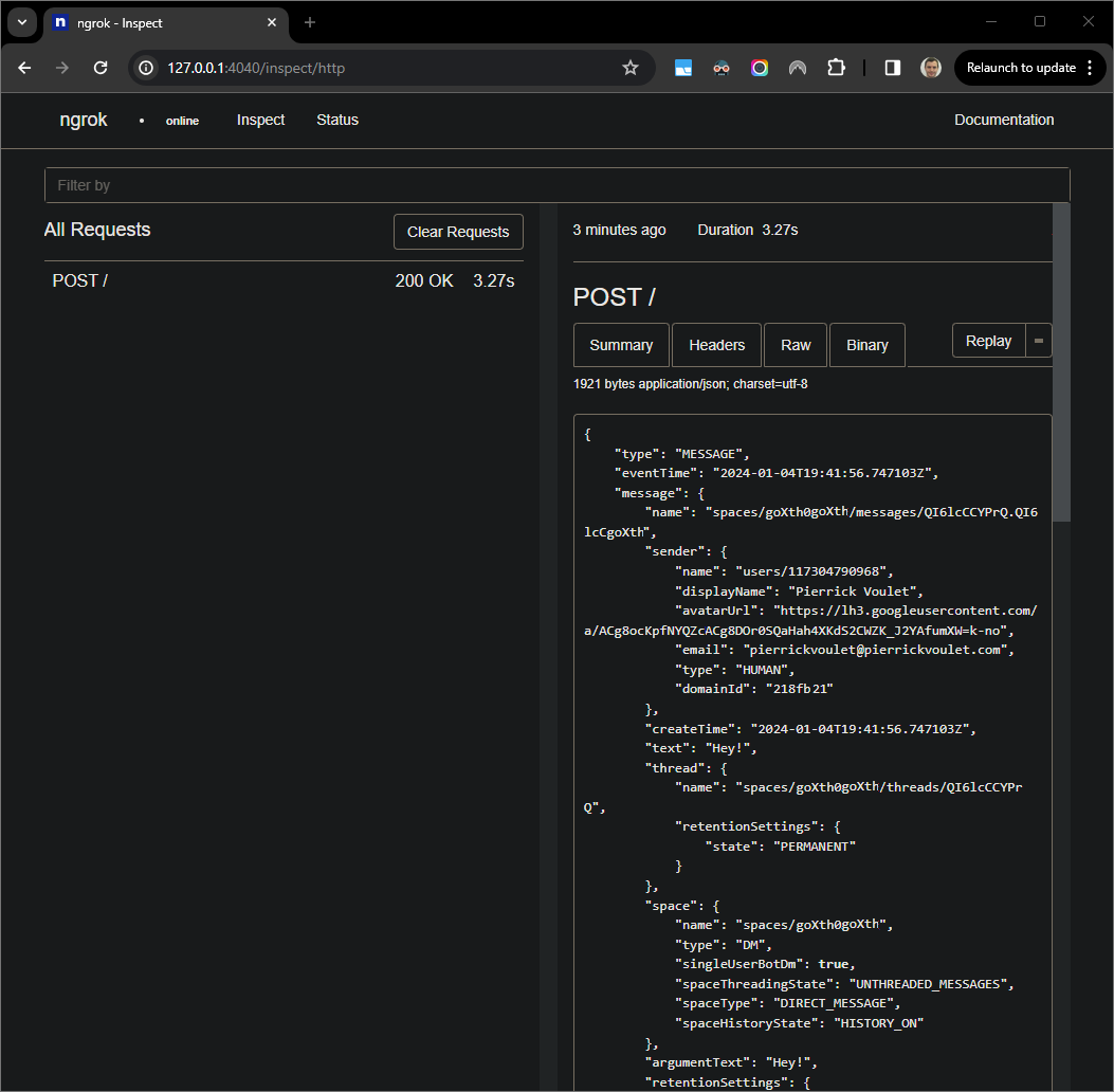 HTTP-запрос из веб-интерфейса, размещенного в приложении ngrok.