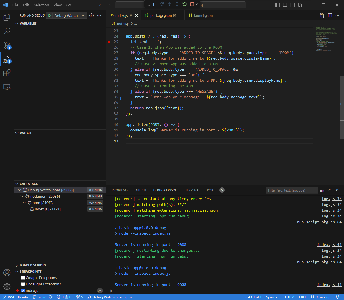 Die Anwendung wird ausgeführt und überwacht Port 9000 auf HTTP-Anfragen. Die Codeänderung wurde geladen.