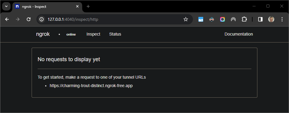 由 `ngrok` 應用程式代管的網頁介面，顯示沒有 HTTP
要求