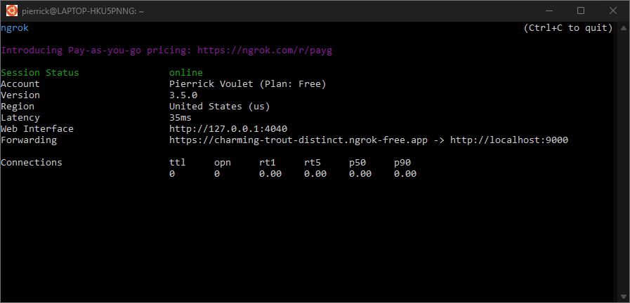 La terminal con el servidor “ngrok” en ejecución y redireccionando