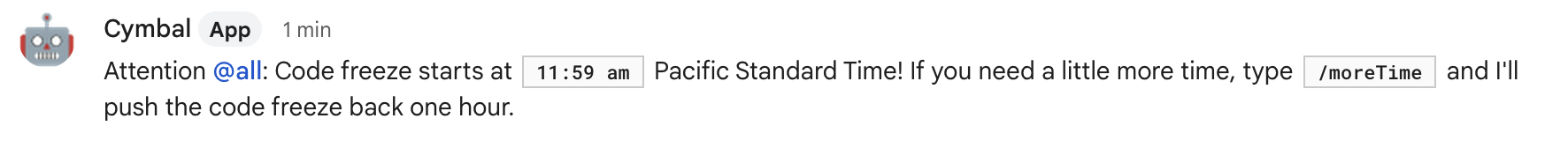 Exemplo de mensagem de texto no Google Chat anunciando o congelamento do código.