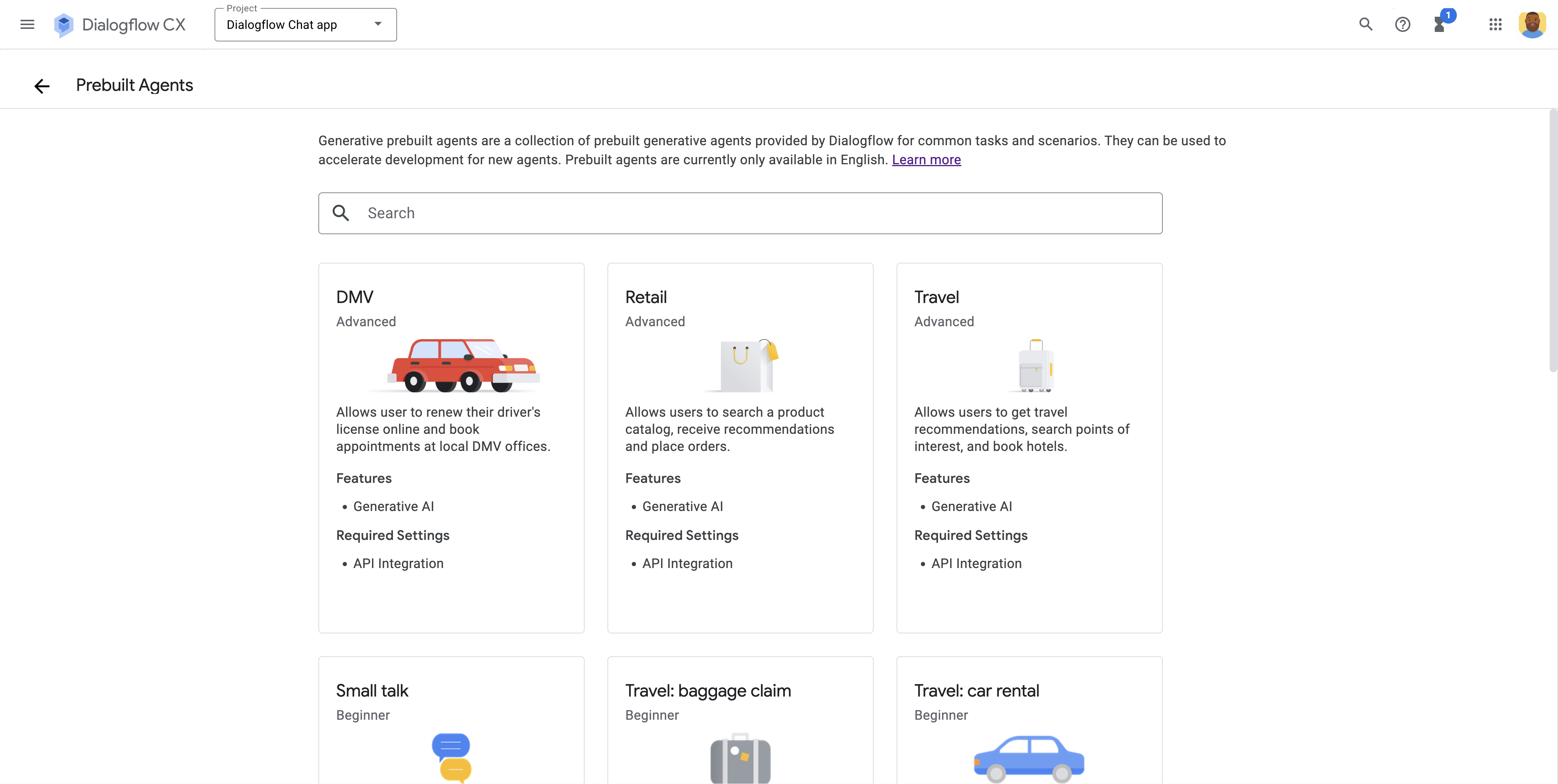 La pagina di selezione dell'agente Dialogflow predefinito.