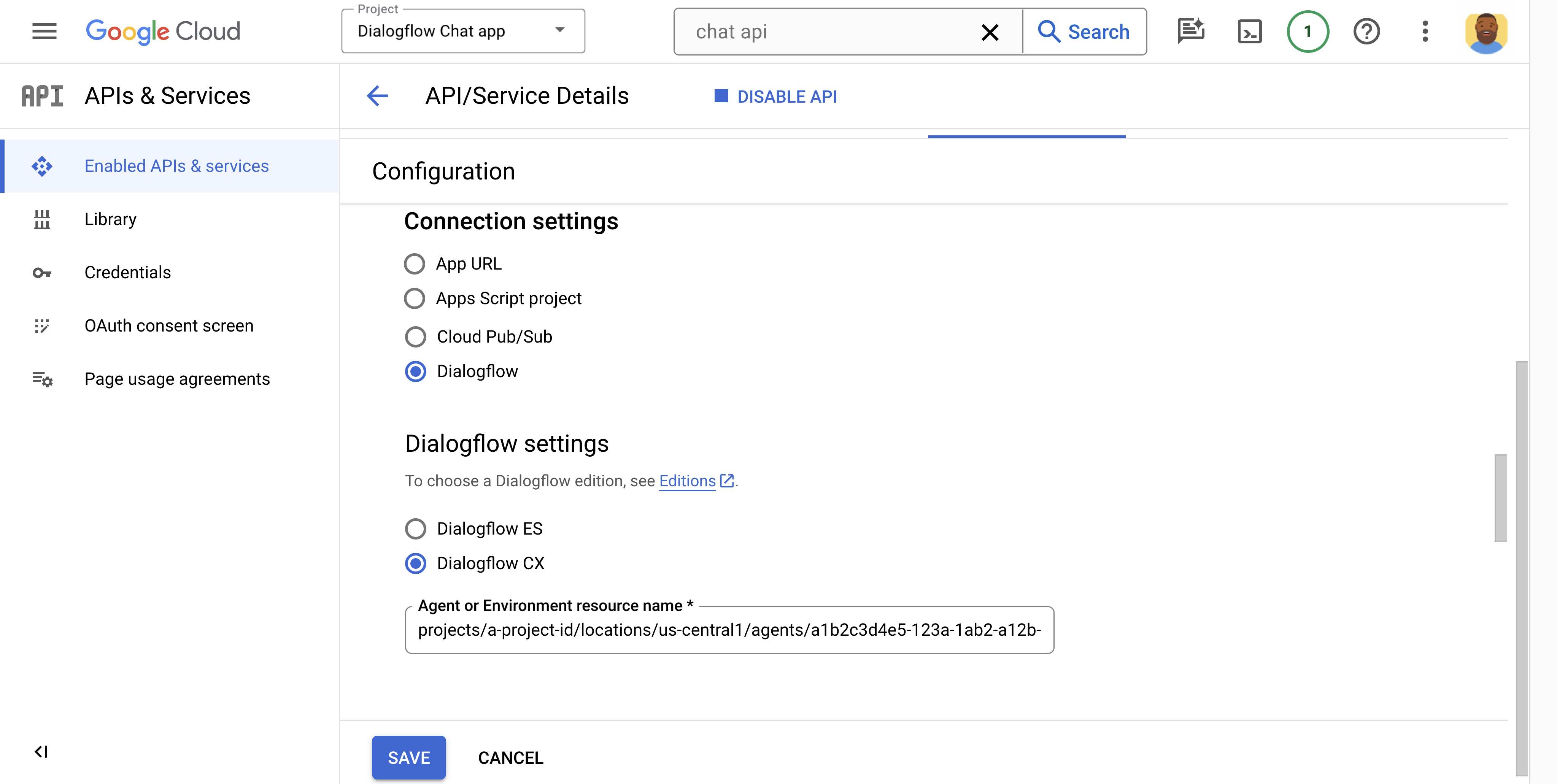 Konfigurowanie aplikacji do czatu Dialogflow.