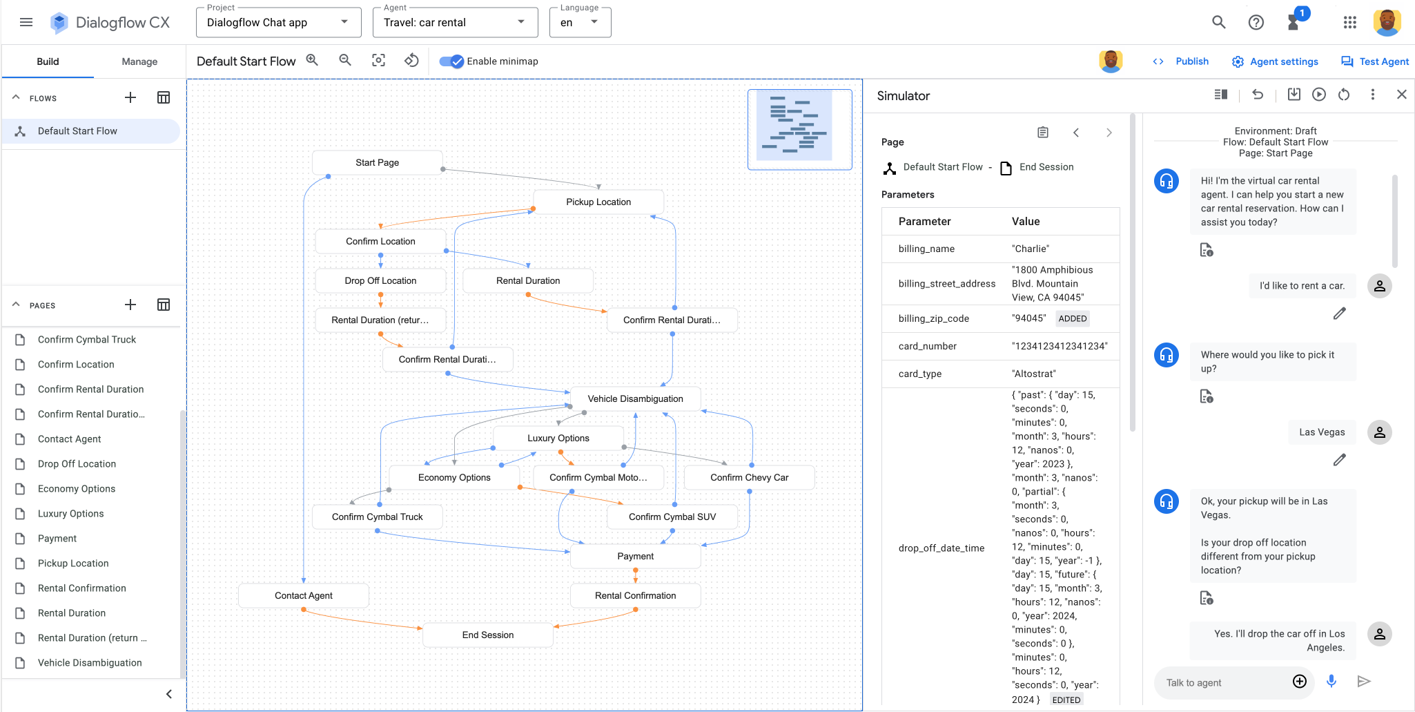 Prueba el agente en Dialogflow CX.