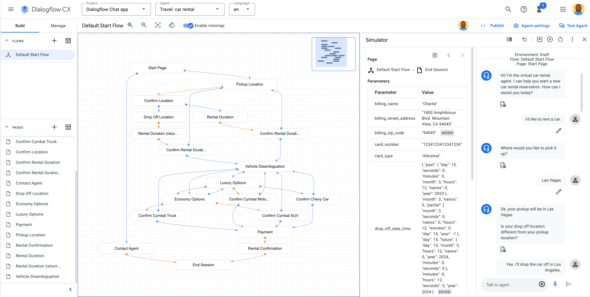Test dell'agente in Dialogflow CX.