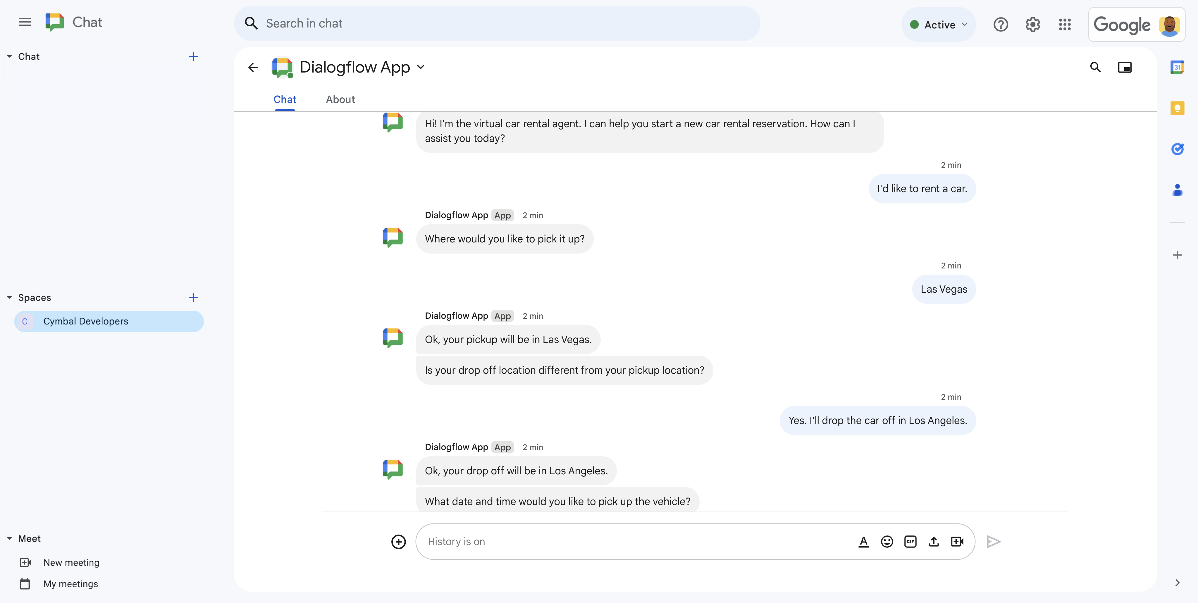Testar o app de chat do Dialogflow CX